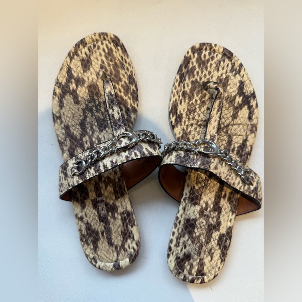 Coach Snake Print Sandals with Chain Accent Size 8.5